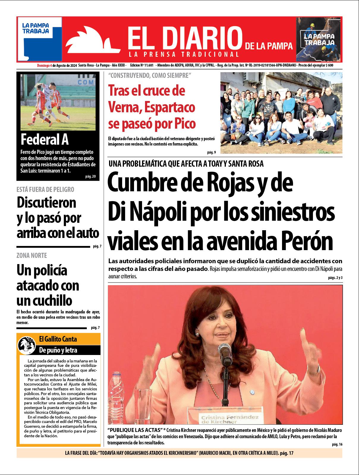 Tapa de El Diario en papel  domingo 04 de agosto de 2024